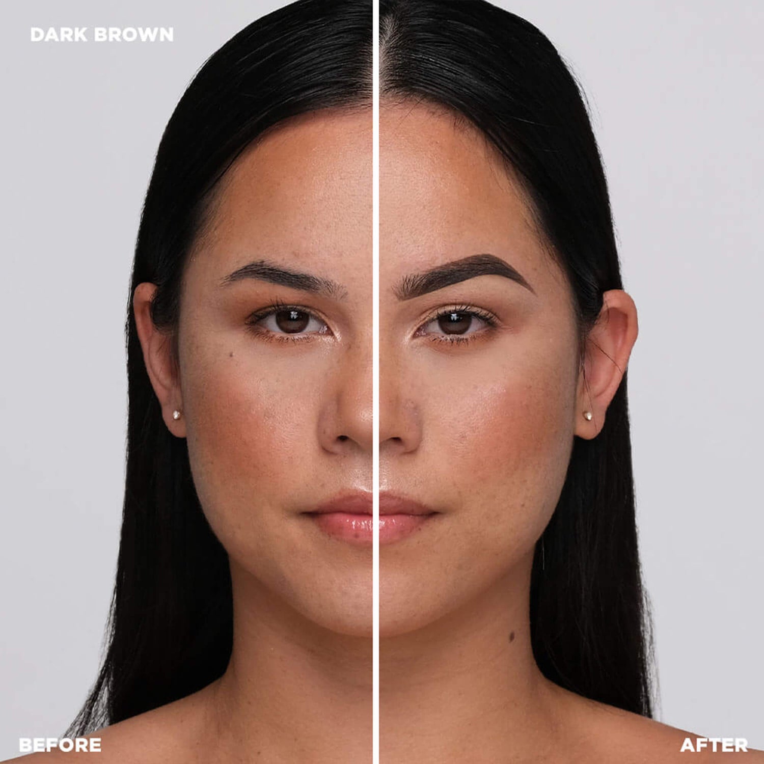 Before and after shot of model wearing Color-Dark Brown