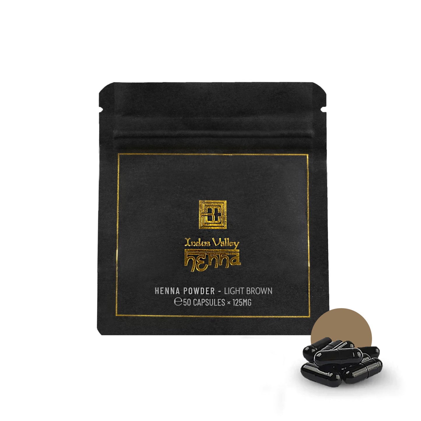 Brow Henna Powder capsules Color-Light-Brown alongside packaging against a white background