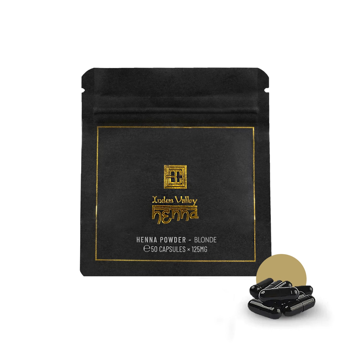 Brow Henna Powder capsules Color-Blonde alongside packaging against a white background