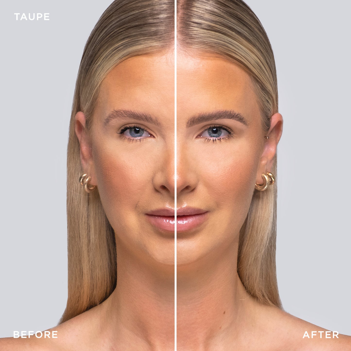 Before and after shot of model wearing Tinted Multi-Peptide Brow Gel - Taupe