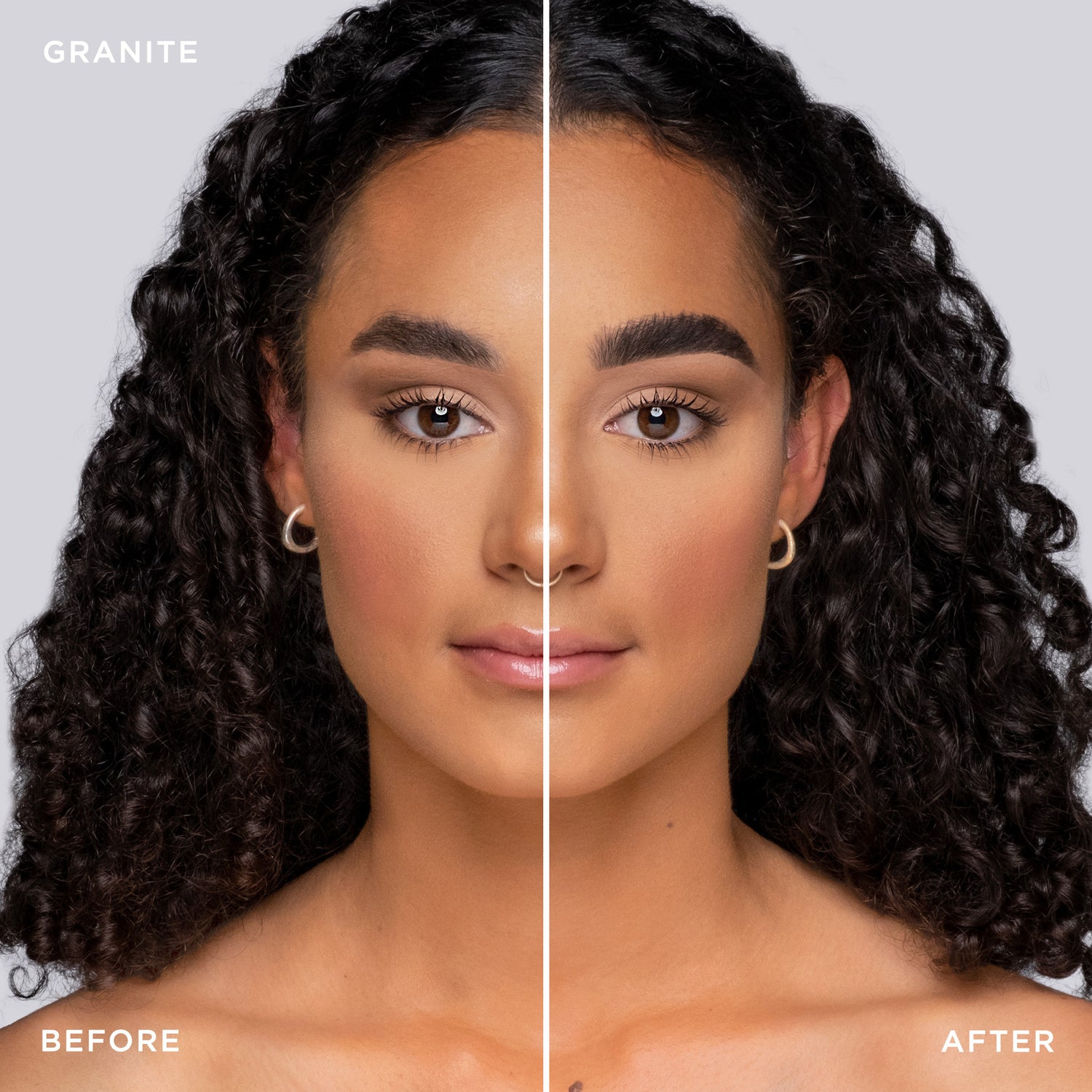 Before and after shot of model wearing Tinted Multi-Peptide Brow Gel - Granite