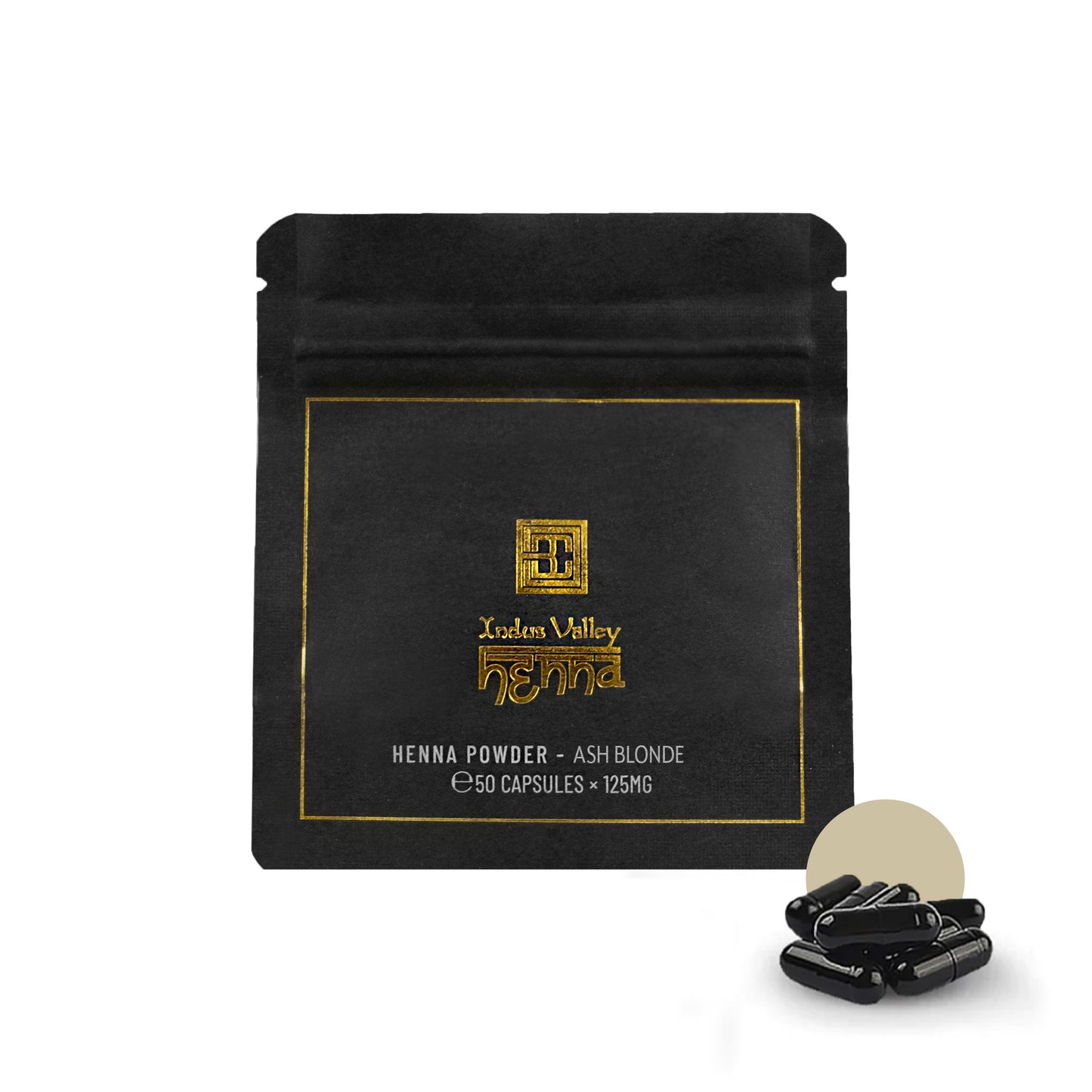 Brow Henna Powder capsules Color-Ash-Blonde alongside packaging against a white background