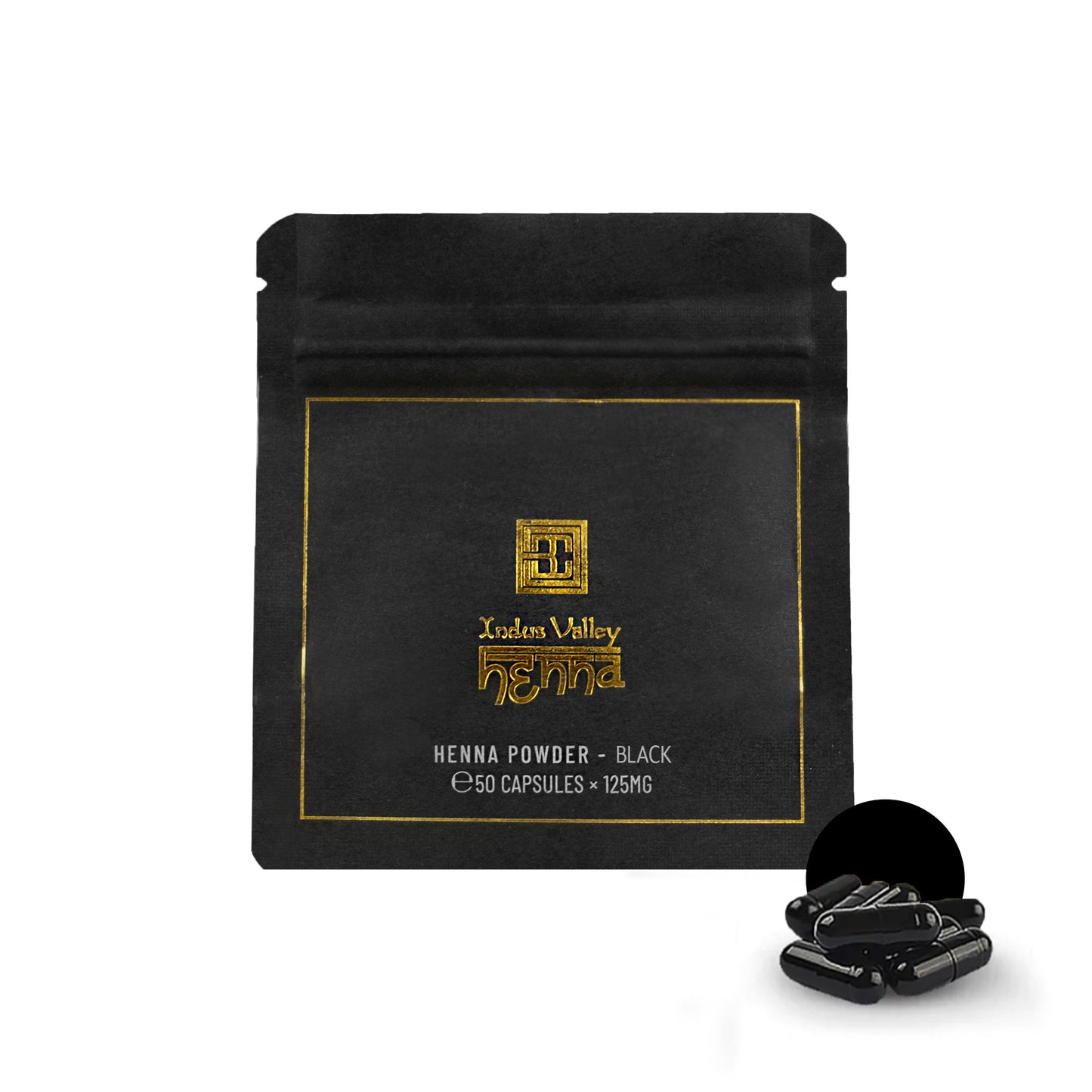 Brow Henna Powder capsules Color-Black alongside packaging against a white background